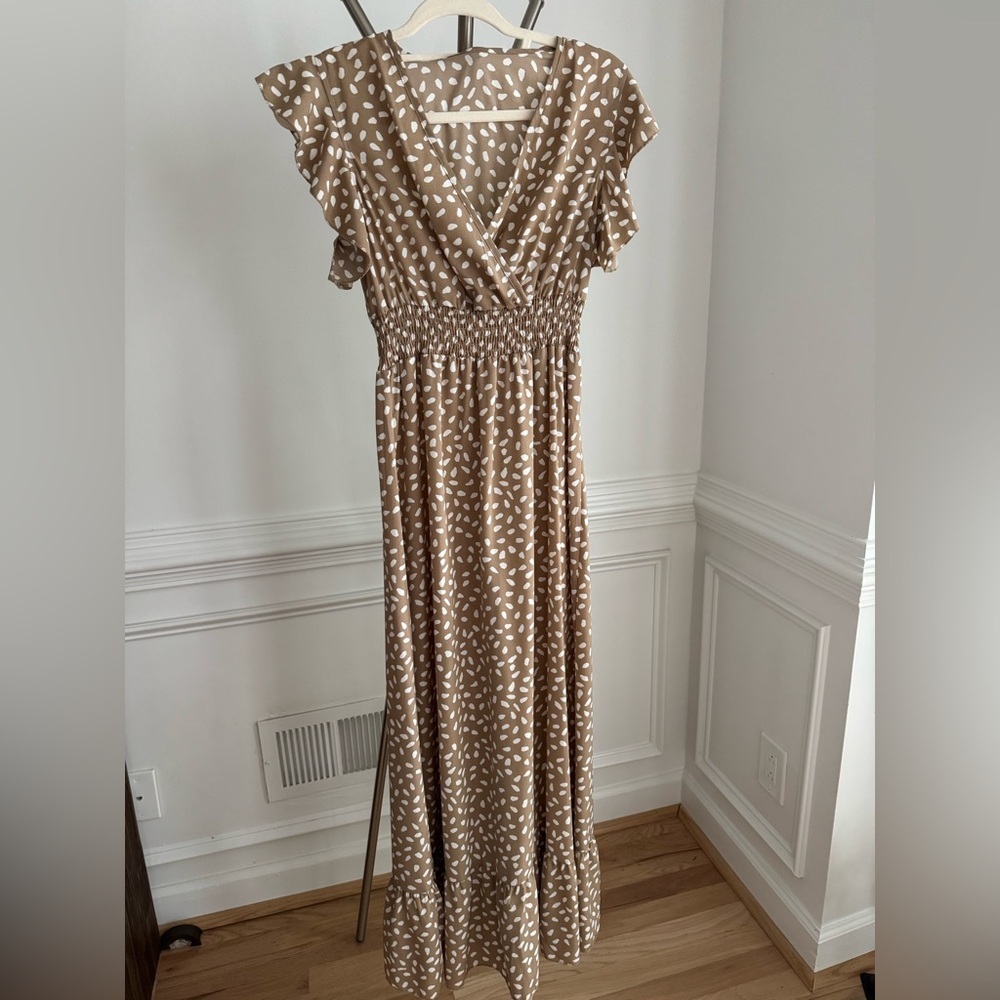 SHEIN Elegant Khaki and White Polka Dot Maxi Dress size Small